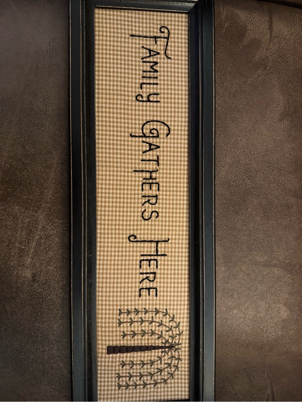 Family Gathers Here Framed Wall Sign - Black Frame, Beige Plaid